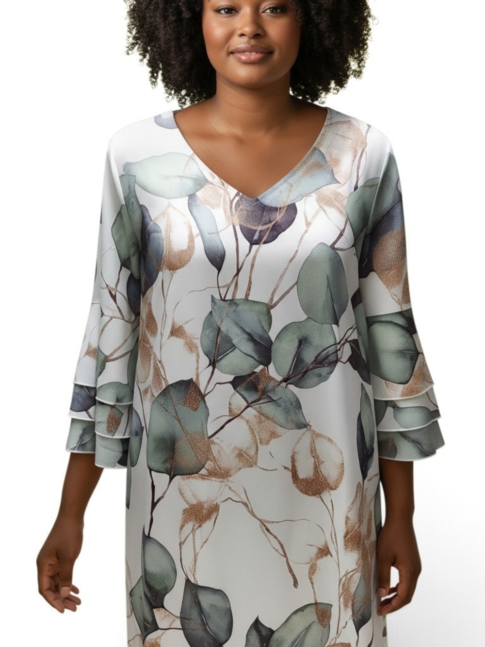 V-Neck Floral Print Women’s Dress in White and Green